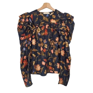 Ulla Johnson Mattie Blouse Odessa 100% Silk Floral Boho Blouse Black Size 4 - Picture 1 of 10