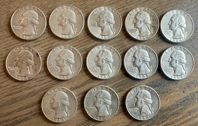 13X 1964-D WASHINGTON SILVER QUARTER 25C LOT  (MOST XF CLOSE TO UNC) SEE PICS - Image 1 of 2