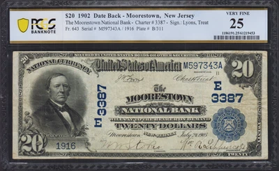 1902 Moorestown New Jersey $20 Date Back National Banknote Ch# 3387 PCGS VF 25 - Image 1 of 2