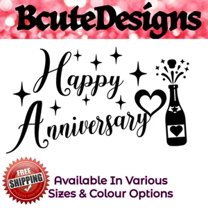 HAPPY ANNIVERSARY VINYL AUFKLEBER TRANSFER STICKER SILHOUETTE CHAMPAGNER HERZ STERNE - Bild 1 von 4