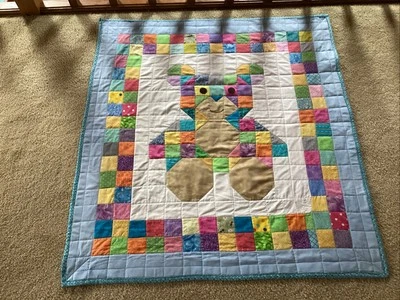 New  Handmade/Machine Quilted Blue Teddy Bear Nursery Crib Quilt 36” X  40” - Image 1 of 4
