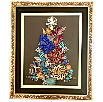 Framed Costume Rhinestone Jewelry Christmas Tree Framed  11"x13" - Image 1 of 4