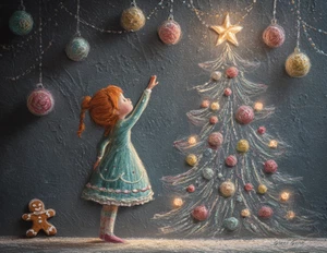Arte de tiza navideña árbol de Navidad estrella niña con pan de jengibre postal de felicitación - Imagen 1 de 2