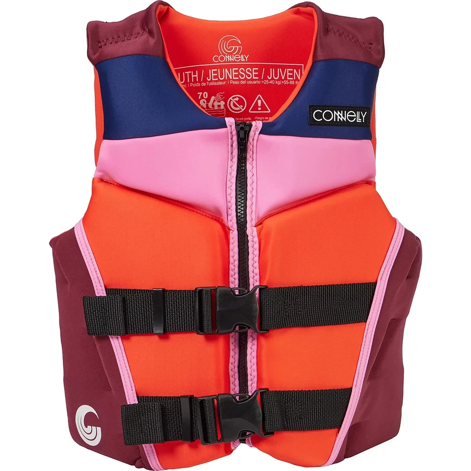 Chaleco salvavidas Connelly para niñas jóvenes rojo oscuro/azul marino/rosa 55-88 lb Foto 1 de 1