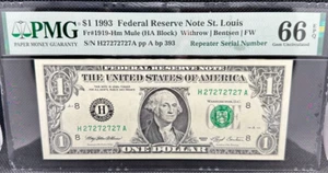 1993 $1 FRN Fancy Super Repeater Serial Number 27272727 PMG GEM 66 EPQ - Picture 1 of 2