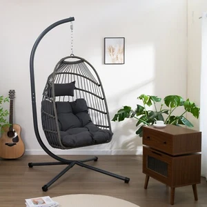 Patio Wicker Hanging Egg Chair Outdoor Swing Chair with Stand Gray - Picture 1 of 7