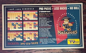 Maimi Matadors 1998-1999 Inaugural Season Magnetic Schedule ECHL Hockey 4” X 7” - Picture 1 of 1