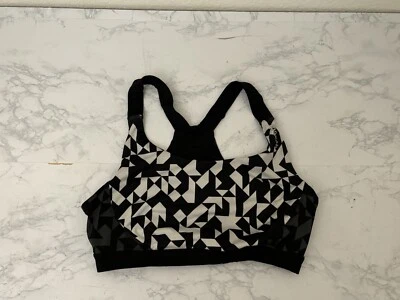Reebok Sports Bra Sz M Black White Geometric Pullover Stretch Sport Racerback I - Image 1 of 4