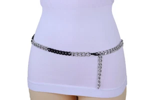 Women Classic Fashion Basic Belt Black Silver Metal Chain Link Hip Waist XS S M - Picture 1 of 12