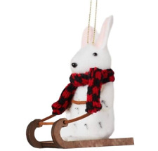 Rabbit Sled Ornament - Skiing Felt Wood Woodland Animal Hiking Cabin Stuffed Kid