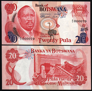 Botswana 20 PULA P-5B 1976 RARE Low SERIAL # UNC World Currency BANK NOTE
