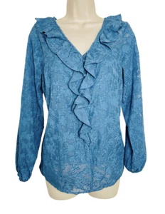 Lauren Conrad Ruffle Neck Blouse Size S Blue Floral Print Long Sleeve NEW - Picture 1 of 13
