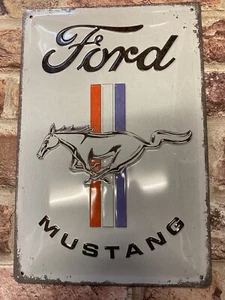 Ford Mustang Logo & stripes Retro Embossed Metal Sign Home, Bar, Mancave, Shop - Picture 1 of 6