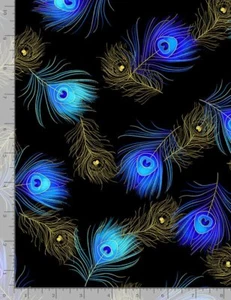 Royal Plume Fabric | Metallic Peacock Feather Black | Timeless Treasures YARD - Picture 1 of 1