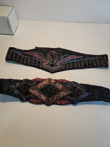 Magid Women's Black Beaded Sequin Elastic Belt 30" X 2.5" M/L Satin Bugle Beads - Picture 1 of 10