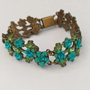 Michal Negrin Bracelet Turquoise Blue Enamel Wide Floral With Swarovski Crystals - Picture 1 of 16