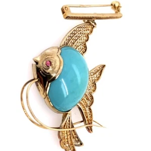 Retro Gold Fish Brooche Natural Turquoise & Ruby Hand-Made Pin Circa 1950 - Picture 1 of 10