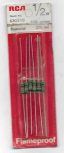 Pk of 6 Vintage RCA 1/2w (.5w) .10K ohm 2% tolerance Resistors Stock 830310 NOS - Picture 1 of 2