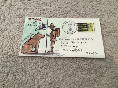1981 Banks Idaho: arte popular firmado acuarela cubierta postal George Harrod Foto 1 de 2