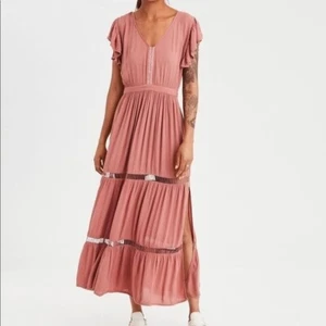 American Eagle Outfitters Maxi Flutter Sleeve Dress Gauze Crepe Mauve XL NEW - Picture 1 of 9
