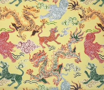 HAMILTON HIMALAYA JONQUIL YELLOW ASIAN TIGERS DRAGONS FABRIC BY THE YARD 54"W - Image 1 of 4