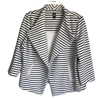 Roz & Ali Sz L Black/White Stripe Open Front Blazer Cardigan Jacket Zip Pockets - Image 1 of 4