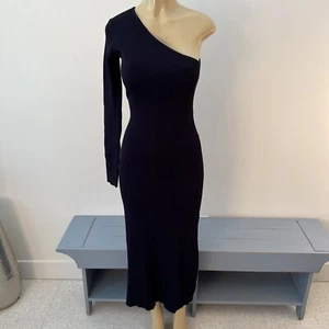 New Dissh One Sleeve Ribbed Knit Midi Dress Sz L Mossman One Shoulder Navy NWT - Picture 1 of 8