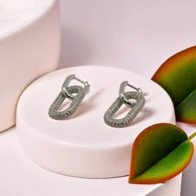 Silver Rectangle Hoop Earring for Women 40mm, Crystal Zirconia Large Hoops. - Image 1 of 4