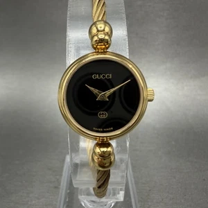 Gucci Uhr Damen 20mm schwarzes Ziffernblatt vergoldet rund Vintage 2700L neue Batterie AB - Bild 1 von 11