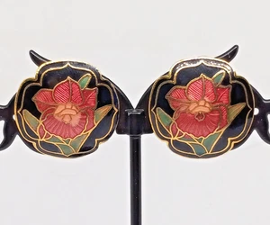 Cloisonne Black Enamel Butterfly Stud Earrings Gold Pink Iris - Picture 1 of 8