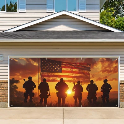 13X6Ft Patriotic American Soldier Silhouette Garage Door Flag, Military Tribute - Image 1 of 4
