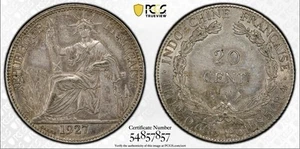 French Indo China 1927 A 20c PCGS AU55~Lec-226, KM#17.1~ZA160 - Picture 1 of 2
