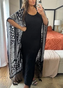 Express OS Black And White Fringe Tassel Kimono Bathing Suit Cover Up  - Picture 1 of 6