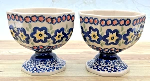 Polish Pottery Dessert Bowls Set of 2 Floral Pedestal Hand Painted Boleslawiec - Picture 1 of 12