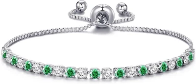 Bracciale Tennis Verde Regolabile Placcato Argento Creato Con Cristalli Zircondi - Immagine 1 di 4
