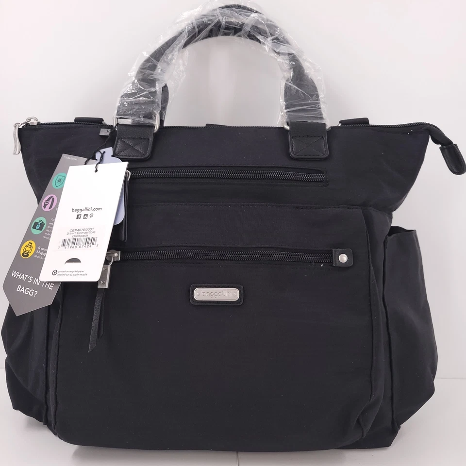 Baggallini 3 en 1 Mochila Convertible Bolso de Mano Negro Grande Plateado RFID Muñequera Foto 1 de 4