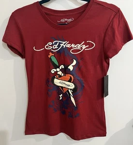 Ed Hardy Womens Size M Tee-Shirt Tattoo Top Red Wine - Picture 1 of 8