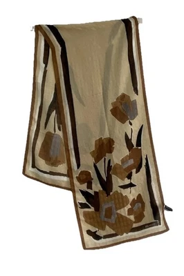 ANNE KLEIN Beige&Brown 100% Silk Women’s Scarf W/Flowers Prints 62”/14” EC - Image 1 of 4