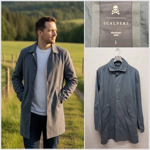SCALPERS Herren lange marineblaue Baumwollmischung hochwertige Jacke Large Trenchcoat - Bild 1 von 13