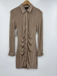 Bardot Dress Womens Brown Gathered Slinky in Stone Button Up Size Medium - Picture 1 of 12