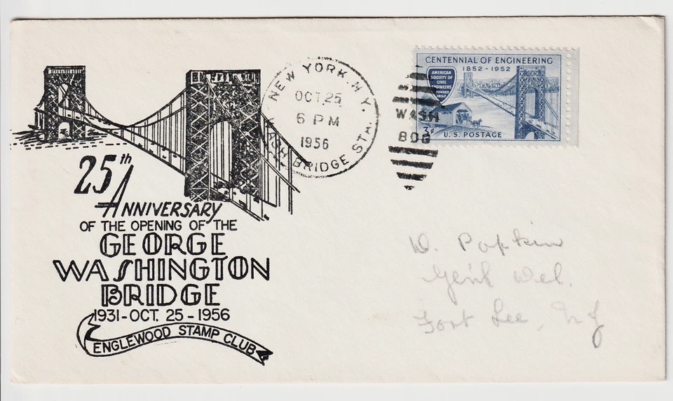 1956 Anniversary Of George Washington Bridge Cover Englewood Stamp Club 3c Stamp - Image 1 of 2