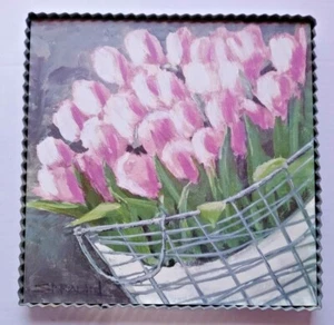tulips pink garden flowers in wire basket 11.5" x11.5" corrugated metal frame - Picture 1 of 5
