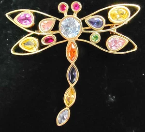 Multi Gem Stones Figural DRAGONFLY Brooch Pendant Solid14Kt Yellow Gold~NICE - Picture 1 of 8