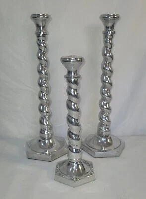 Polished Cast Metal Twist Swirl Candle Stick Holders Set Of Three Heavy - Image 1 of 4