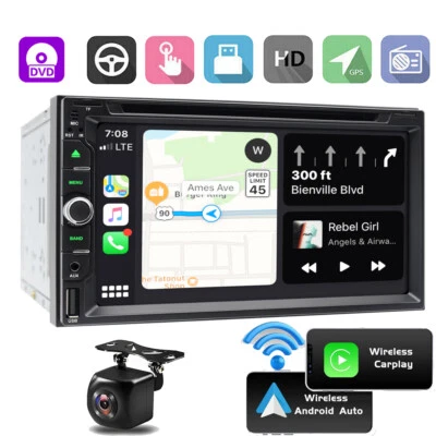 7" Double Din Car Stereo GPS FM Radio CD DVD Player Bluetooth w/Wireless CarPlay - Image 1 of 4