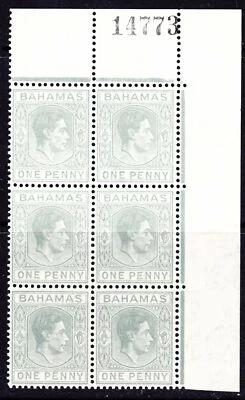BAHAMAS 1938 SG150a 1d OLIVE-GREY MARGINAL SHEET No BLOCK OF SIX MNH - Image 1 of 2