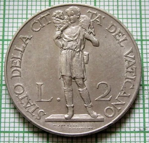 VATICAN PIVS XI 1936 2 LIRE Shepherd with sheep over shoulders NICKEL - Picture 1 of 6