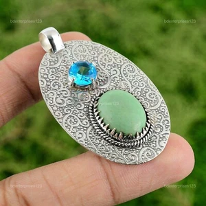 Chrysoprase Stone Swiss Blue Topaz Sterling Silver Bezel Wedding Pendant Jewelry - Picture 1 of 7