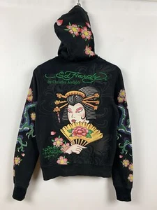 Women's Vintage Ed Hardy Women’s Geisha Faded Black Hoodie Size M - Picture 1 of 24