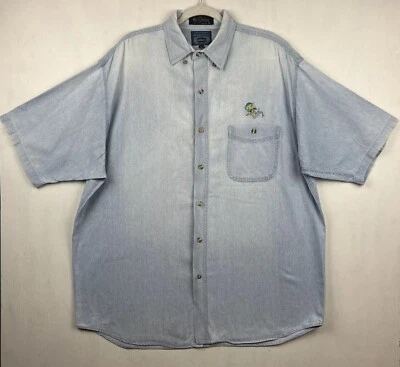 Guy Harvey SS Mens XL Blue Embroidered Dolphin Fish Denim Button Up Shirt - Image 1 of 4